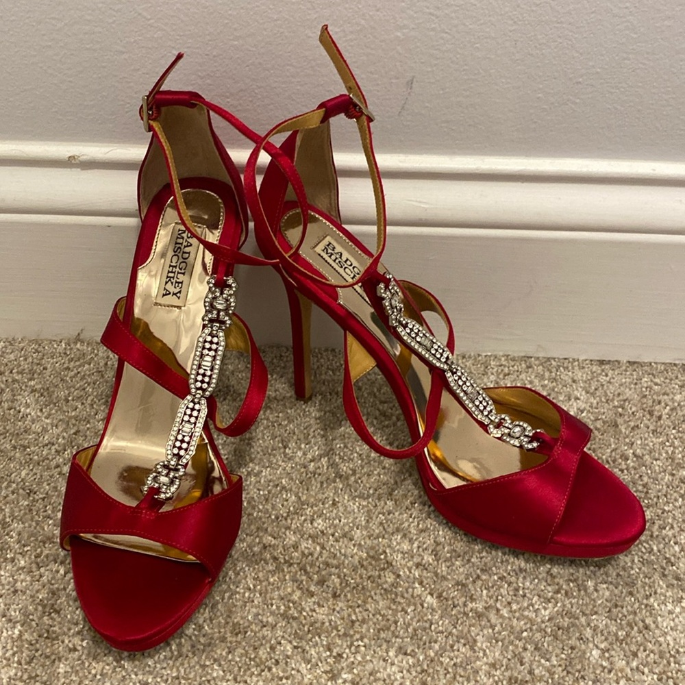 Preloved Badgley mischka red jeweled satin heels. Size 9.5.